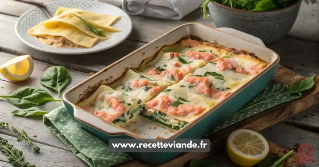 Lasagnes au saumon frais, épinards et béchamel, gratinées au fromage. Plat italien moderne, léger et gourmand, parfait pour un repas raffiné ou familial. Image appétissante avec des couches de pâtes dorées, du saumon rose et des épinards verts.