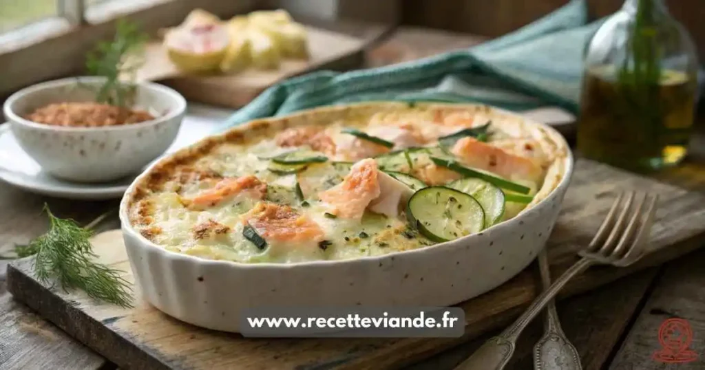 Gratin de ravioles au saumon et courgettes, doré et croustillant, servi dans un plat en céramique avec des courgettes fraîches et du fromage fondu. Recette facile et équilibrée.