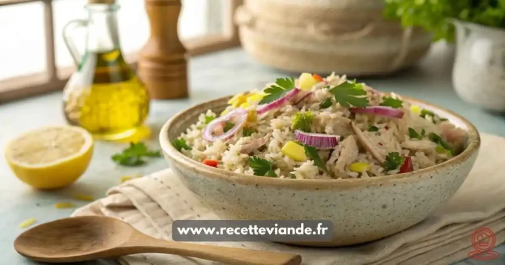 Salade de riz thon avec thon , riz basmati et zeste de citron. Recette facile et équilibrée pour un repas rapide ou un pique-nique estival.