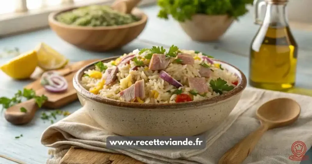 Salade de riz thon avec thon , riz basmati et zeste de citron. Recette facile et équilibrée pour un repas rapide ou un pique-nique estival.