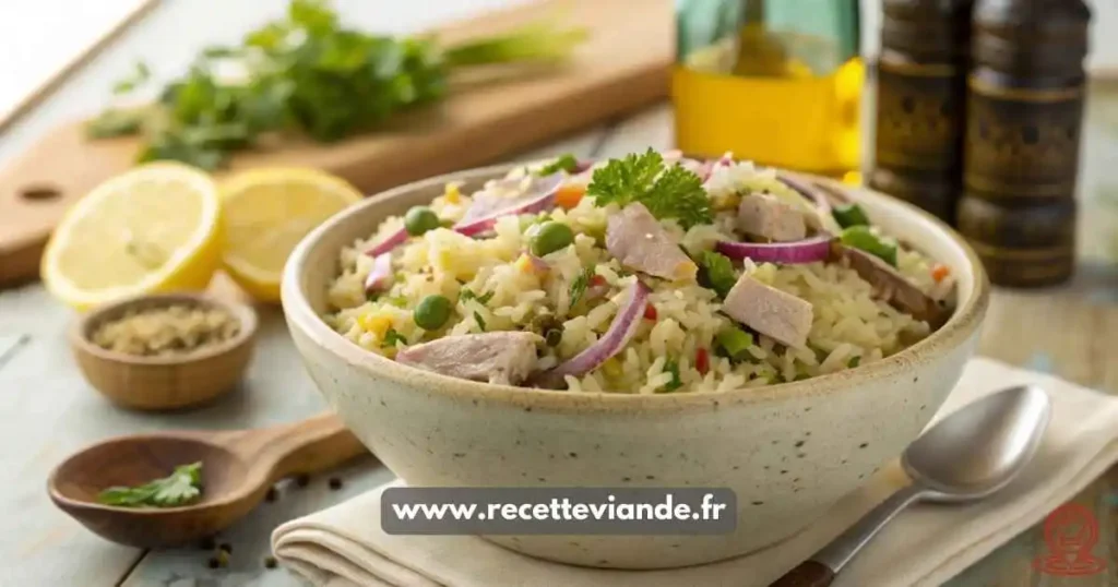 Salade de riz thon avec thon , riz basmati et zeste de citron. Recette facile et équilibrée pour un repas rapide ou un pique-nique estival.
