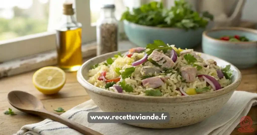 Salade de riz thon avec thon , riz basmati et zeste de citron. Recette facile et équilibrée pour un repas rapide ou un pique-nique estival.