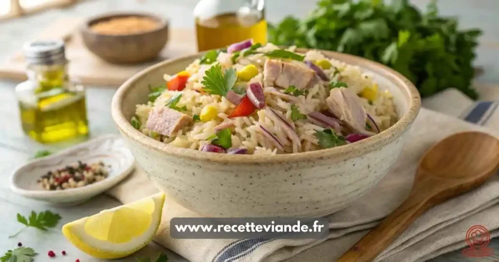 Salade de riz thon avec thon , riz basmati et zeste de citron. Recette facile et équilibrée pour un repas rapide ou un pique-nique estival.