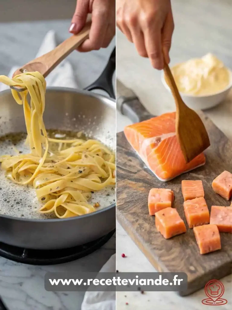 Tagliatelles au saumon crémeuses avec saumon frais, pâtes al dente et herbes aromatiques, présentées dans une assiette élégante.