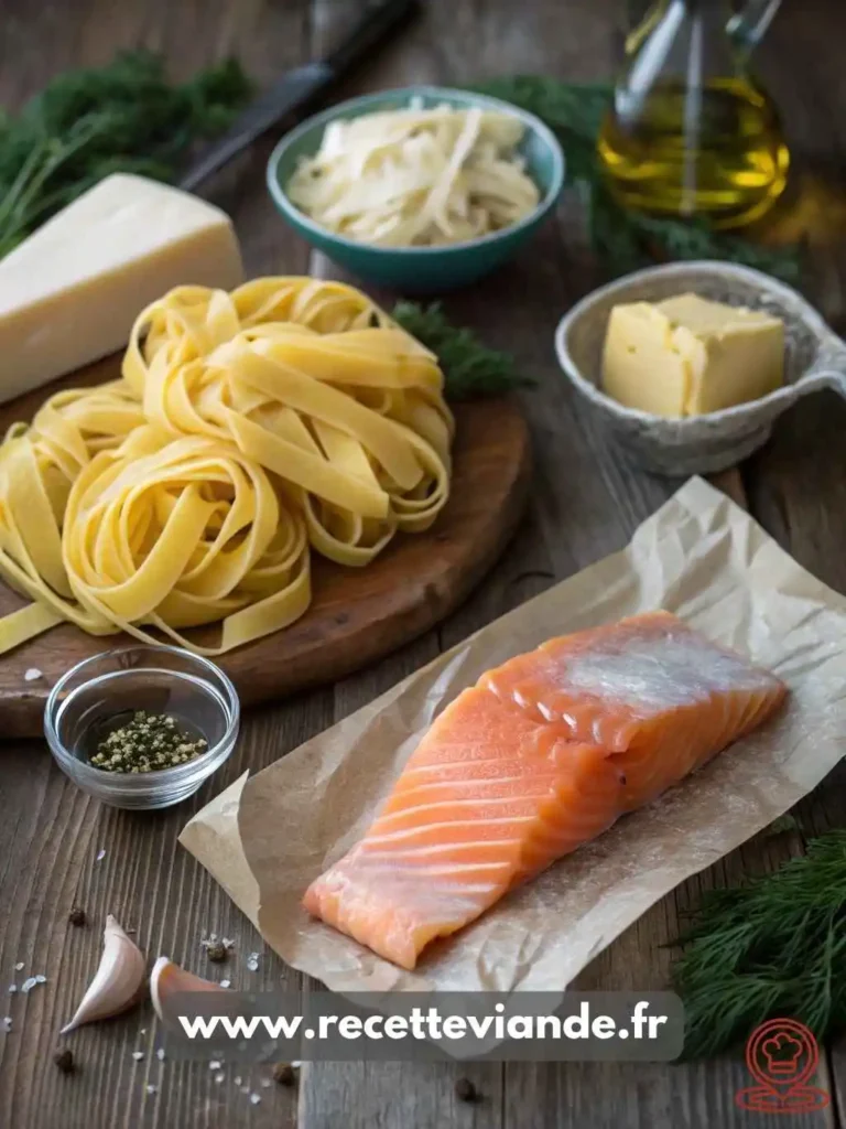 Tagliatelles au saumon crémeuses avec saumon frais, pâtes al dente et herbes aromatiques, présentées dans une assiette élégante.