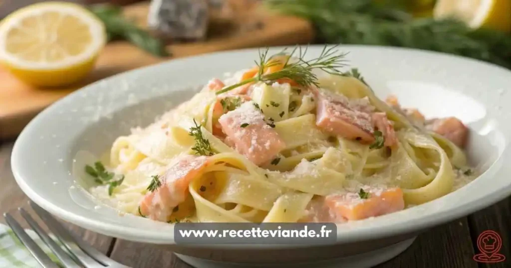 Tagliatelles au saumon crémeuses avec saumon frais, pâtes al dente et herbes aromatiques, présentées dans une assiette élégante.
