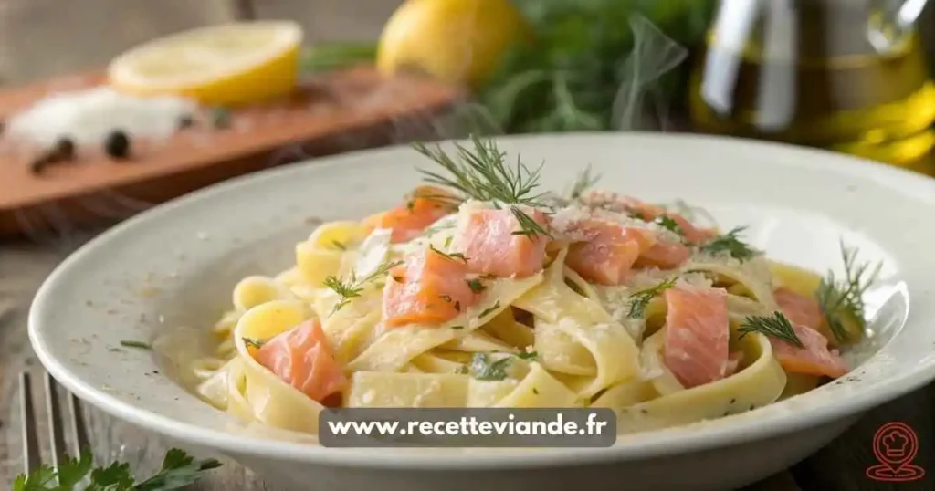 Tagliatelles au saumon crémeuses avec saumon frais, pâtes al dente et herbes aromatiques, présentées dans une assiette élégante.