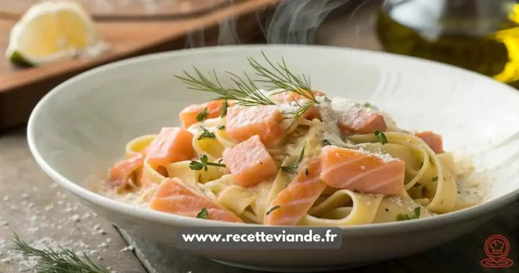 Tagliatelles au saumon crémeuses avec saumon frais, pâtes al dente et herbes aromatiques, présentées dans une assiette élégante.