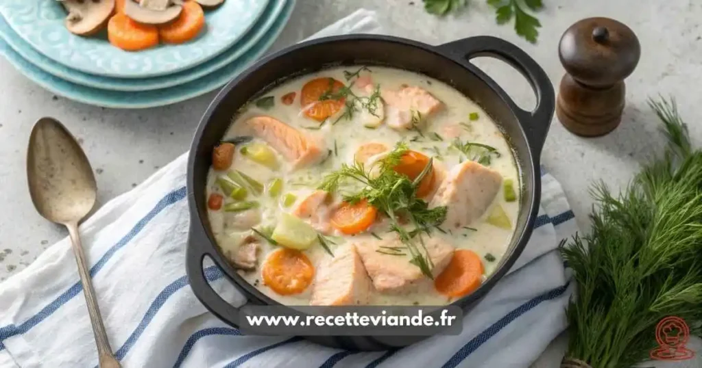 Blanquette de Saumon crémeuse avec saumon tendre, légumes croquants et sauce onctueuse, parsemée de ciboulette. Deux variations : agrumes et épices.