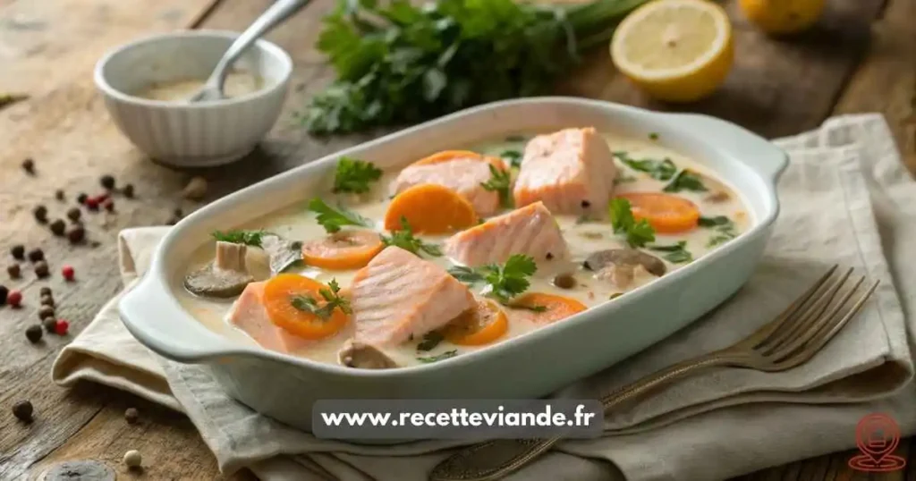 Blanquette de Saumon crémeuse avec saumon tendre, légumes croquants et sauce onctueuse, parsemée de ciboulette. Deux variations : agrumes et épices.