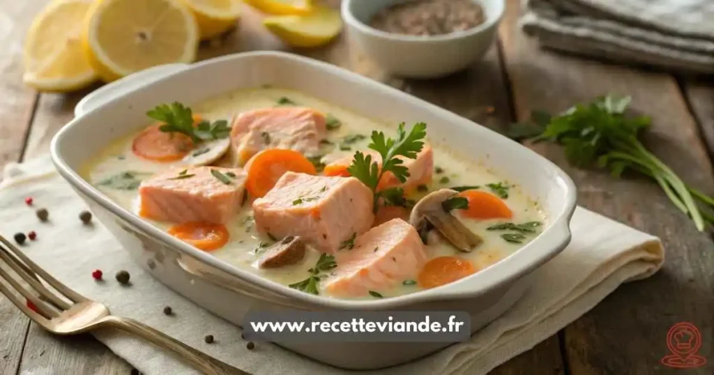 Blanquette de Saumon crémeuse avec saumon tendre, légumes croquants et sauce onctueuse, parsemée de ciboulette. Deux variations : agrumes et épices.
