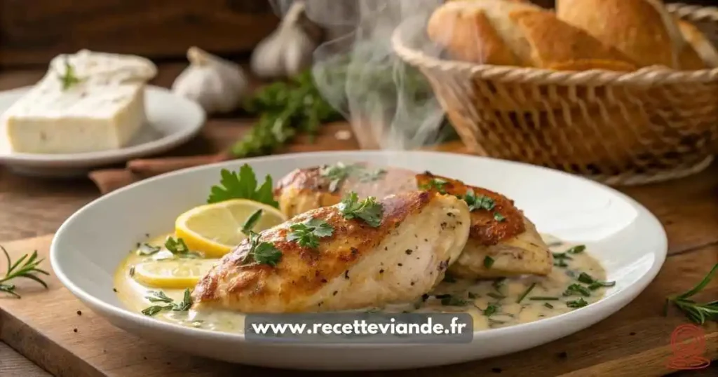 Boursin Poulet : cubes de poulet dorés à la poêle, nappés d’une sauce crémeuse au Boursin, herbes fraîches et citron. Plat gourmand, rapide et familial sur assiette rustique.