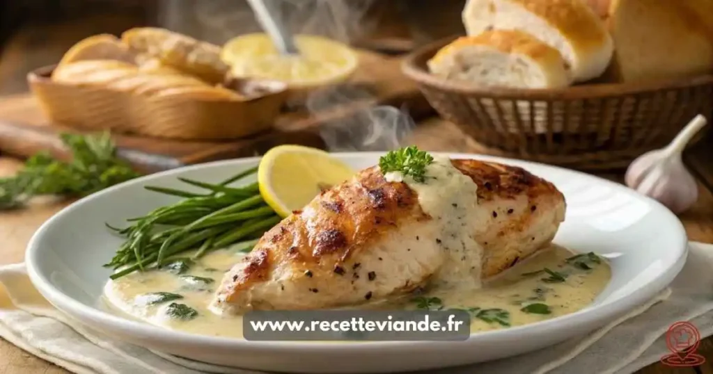 Boursin Poulet : cubes de poulet dorés à la poêle, nappés d’une sauce crémeuse au Boursin, herbes fraîches et citron. Plat gourmand, rapide et familial sur assiette rustique.