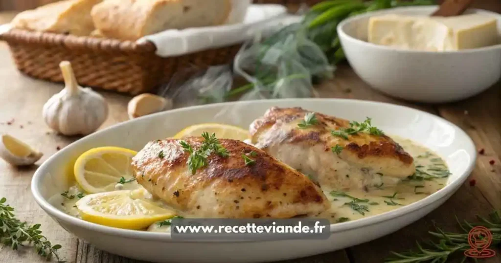 Boursin Poulet : cubes de poulet dorés à la poêle, nappés d’une sauce crémeuse au Boursin, herbes fraîches et citron. Plat gourmand, rapide et familial sur assiette rustique.