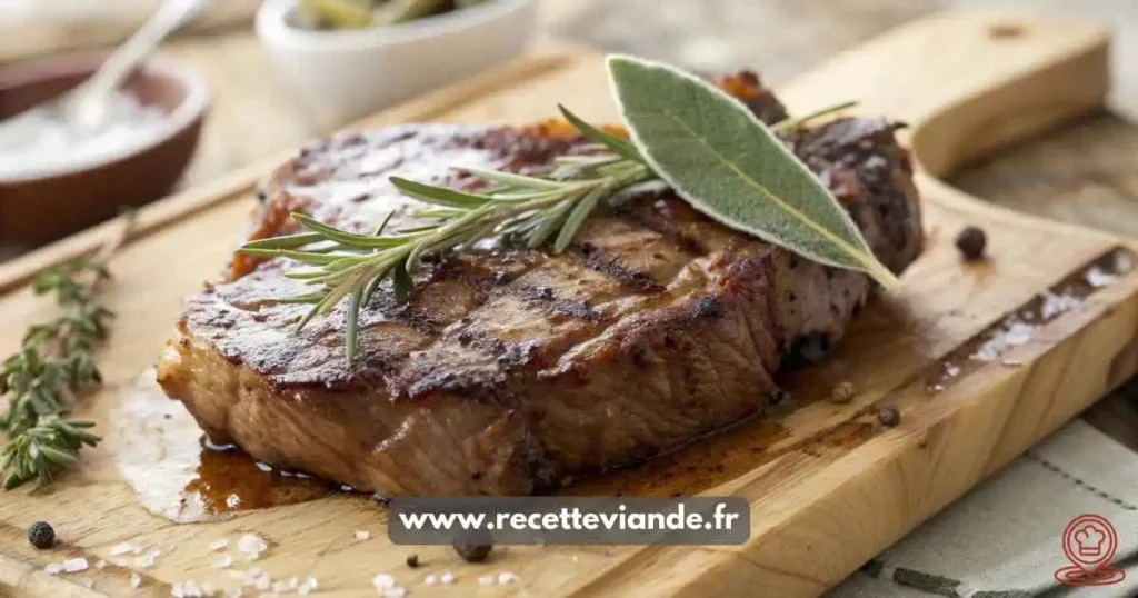 Côte de Boeuf au Four dorée avec croûte croustillante, viande rosée et herbes fraîches, servie sur une planche en bois rustique