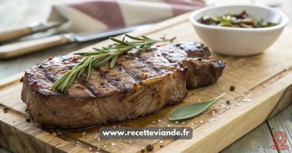 Côte de Boeuf au Four dorée avec croûte croustillante, viande rosée et herbes fraîches, servie sur une planche en bois rustique
