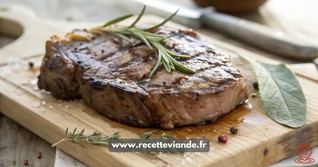 Côte de Boeuf au Four dorée avec croûte croustillante, viande rosée et herbes fraîches, servie sur une planche en bois rustique