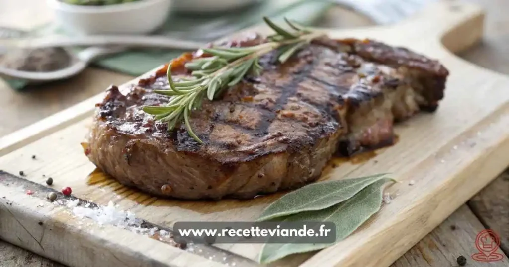 Côte de Boeuf au Four dorée avec croûte croustillante, viande rosée et herbes fraîches, servie sur une planche en bois rustique