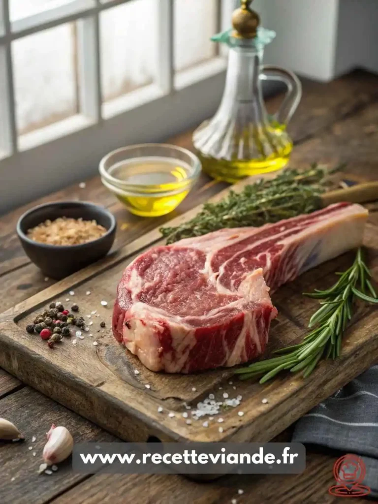 Côte de Boeuf au Four dorée avec croûte croustillante, viande rosée et herbes fraîches, servie sur une planche en bois rustique