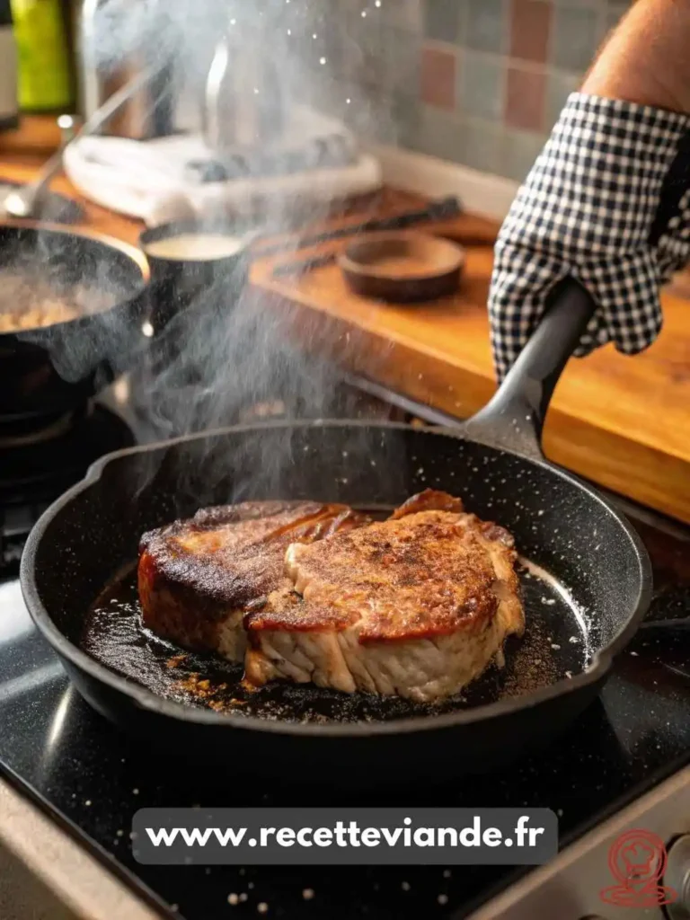 Côte de Boeuf au Four dorée avec croûte croustillante, viande rosée et herbes fraîches, servie sur une planche en bois rustique
