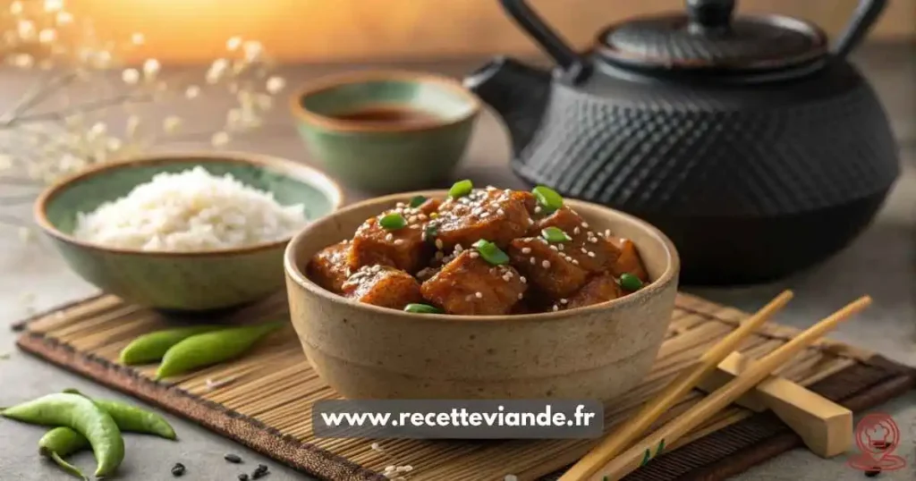 Poulet Teriyaki maison caramélisé dans bol céramique, sauce miroir au sésame, riz vapeur et brocolis.