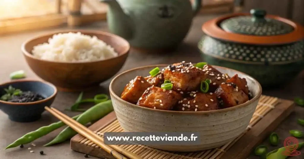 Poulet Teriyaki maison caramélisé dans bol céramique, sauce miroir au sésame, riz vapeur et brocolis.