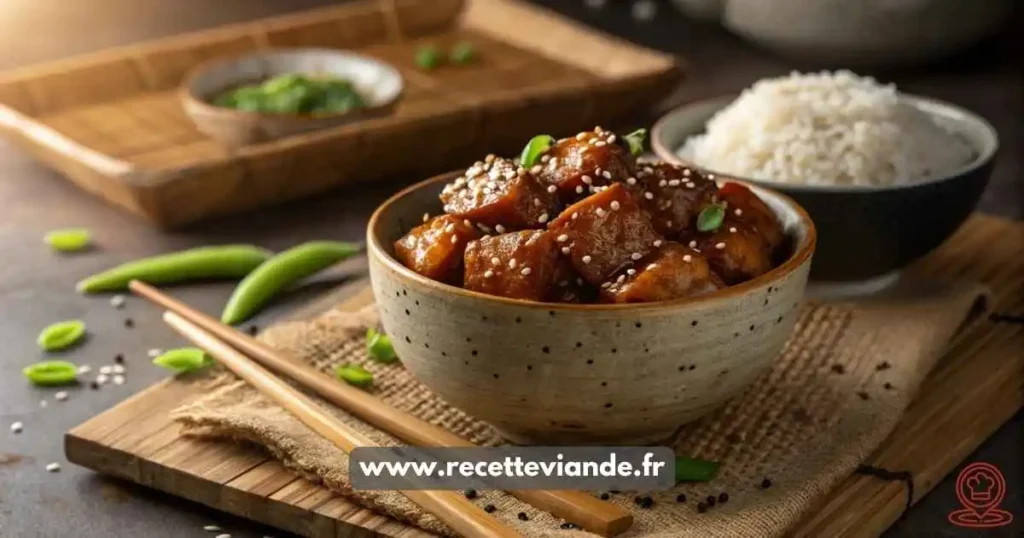 Poulet Teriyaki maison caramélisé dans bol céramique, sauce miroir au sésame, riz vapeur et brocolis.