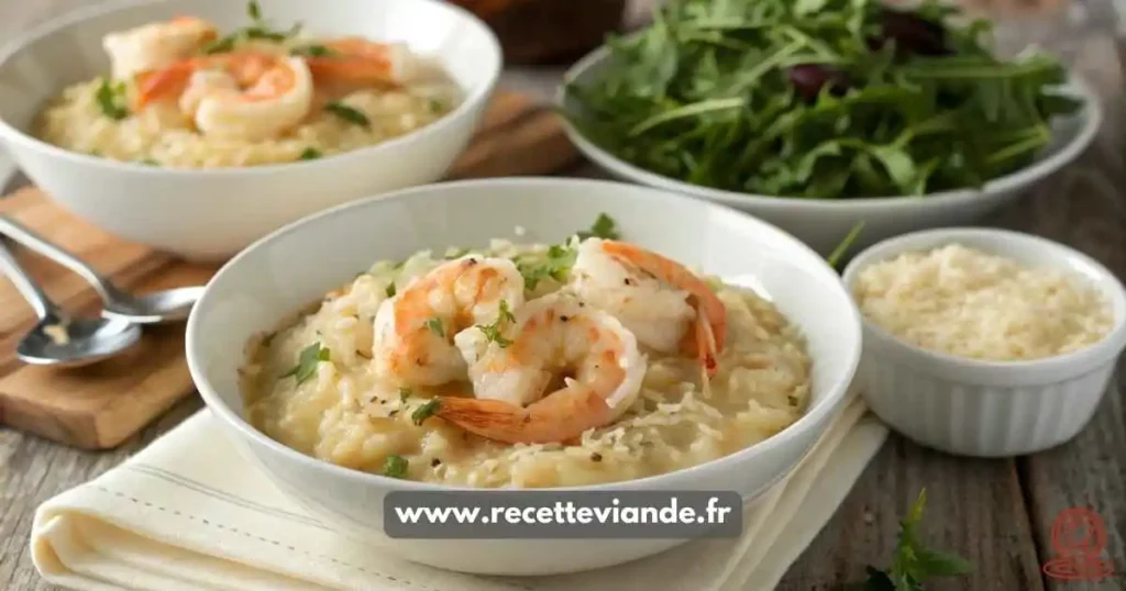 Risotto crevettes dans un bol en céramique blanc, décoré de persil frais et zeste de citron, posé sur une table en bois rustique.