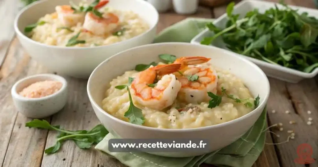Risotto crevettes dans un bol en céramique blanc, décoré de persil frais et zeste de citron, posé sur une table en bois rustique.