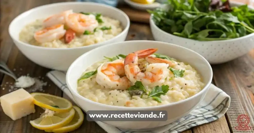 Risotto crevettes dans un bol en céramique blanc, décoré de persil frais et zeste de citron, posé sur une table en bois rustique.