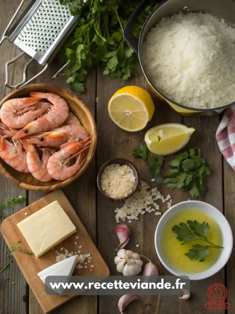 Risotto crevettes dans un bol en céramique blanc, décoré de persil frais et zeste de citron, posé sur une table en bois rustique.