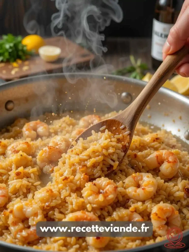 Risotto crevettes dans un bol en céramique blanc, décoré de persil frais et zeste de citron, posé sur une table en bois rustique.