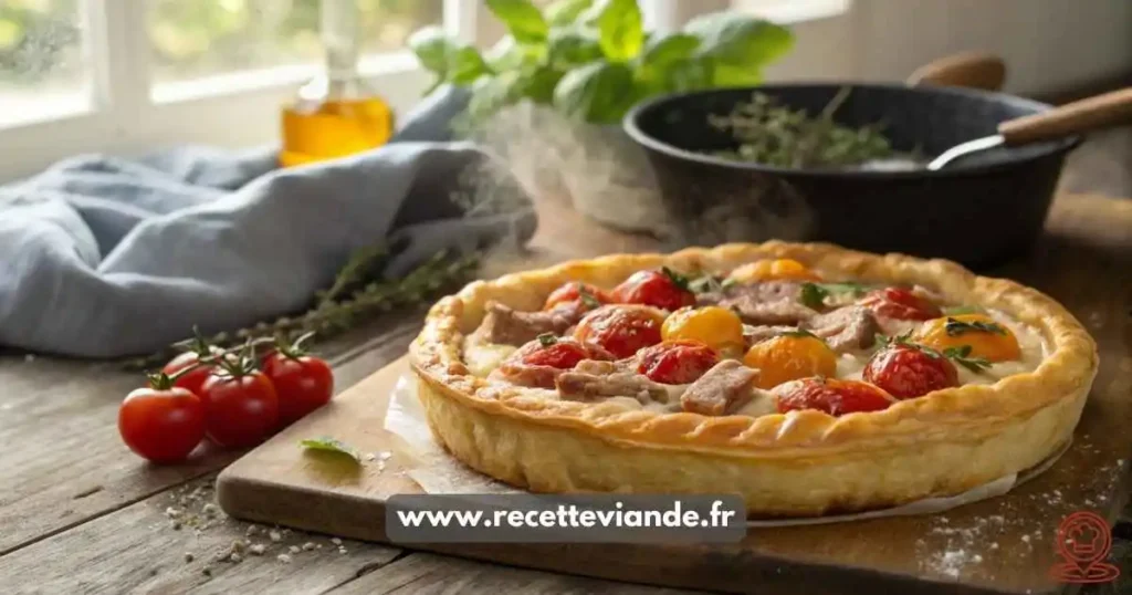 Tarte thon tomate dorée à la pâte feuilletée croustillante, tomates cerises juteuses et thon émietté, présentée sur une table en bois rustique avec herbes fraîches. Recette facile et équilibrée.