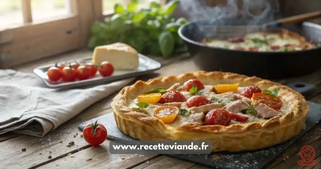 Tarte thon tomate dorée à la pâte feuilletée croustillante, tomates cerises juteuses et thon émietté, présentée sur une table en bois rustique avec herbes fraîches. Recette facile et équilibrée.