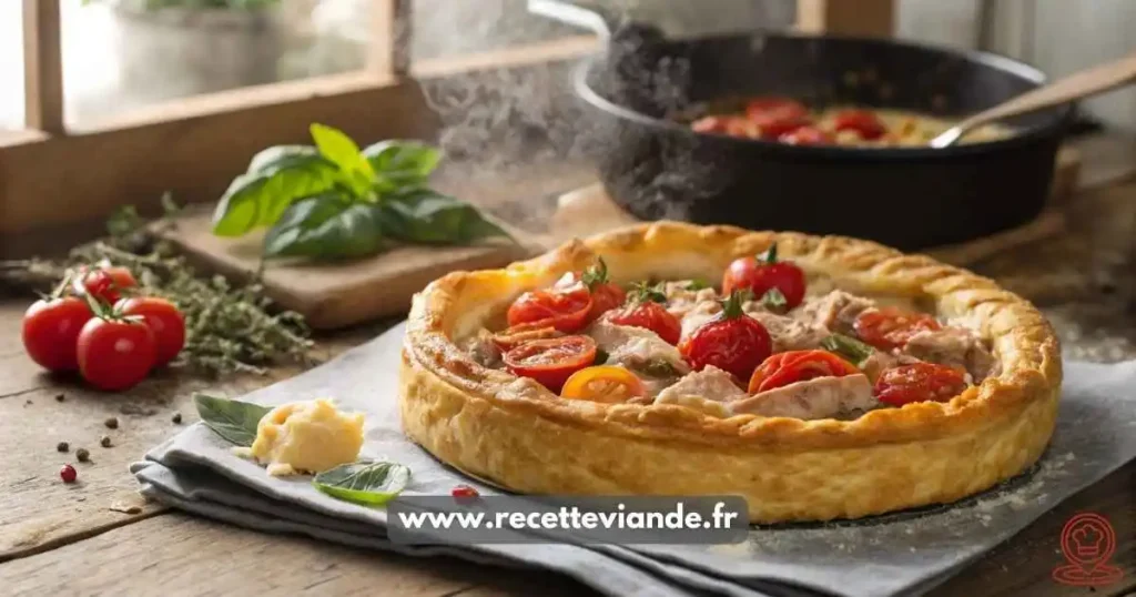 Tarte thon tomate dorée à la pâte feuilletée croustillante, tomates cerises juteuses et thon émietté, présentée sur une table en bois rustique avec herbes fraîches. Recette facile et équilibrée.