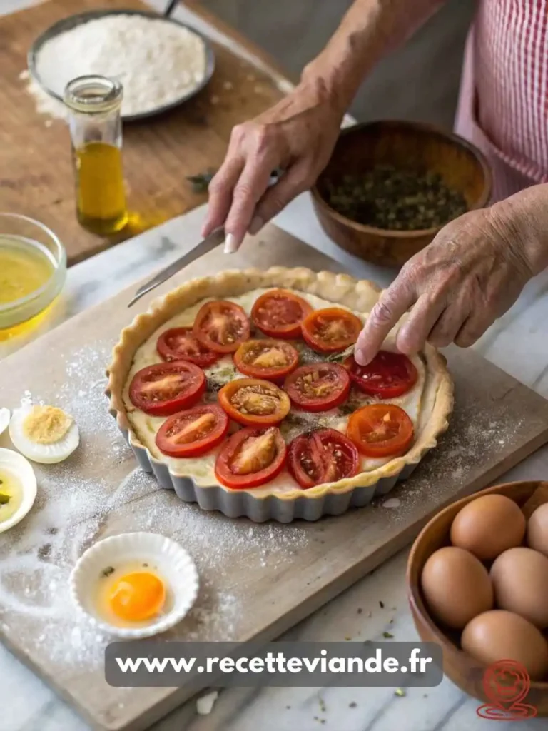 Tarte thon tomate dorée à la pâte feuilletée croustillante, tomates cerises juteuses et thon émietté, présentée sur une table en bois rustique avec herbes fraîches. Recette facile et équilibrée.