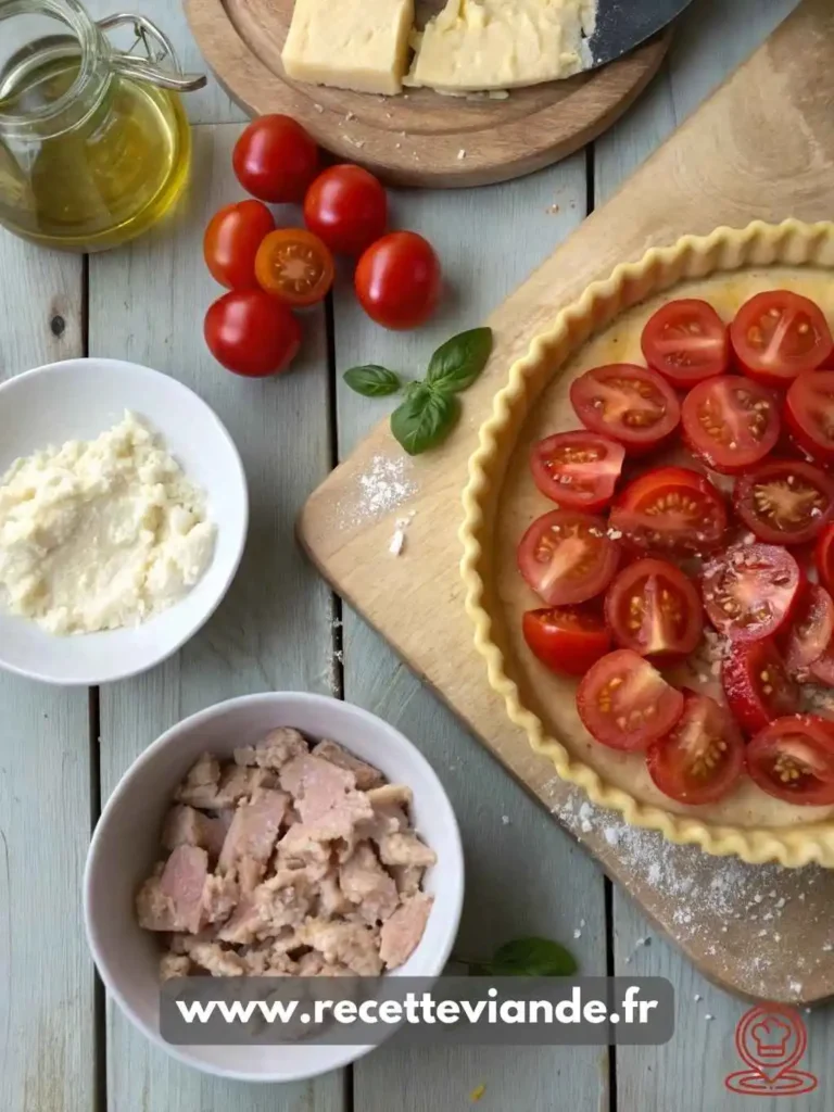 Tarte thon tomate dorée à la pâte feuilletée croustillante, tomates cerises juteuses et thon émietté, présentée sur une table en bois rustique avec herbes fraîches. Recette facile et équilibrée.