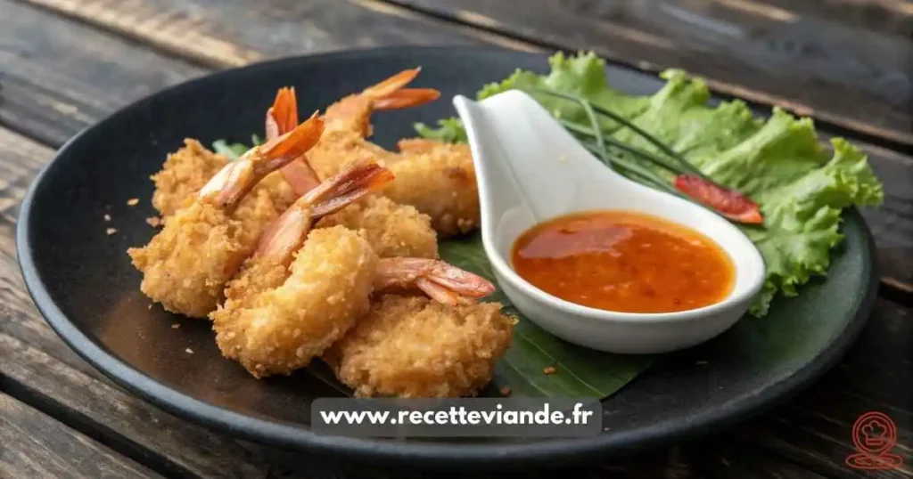 Beignets de crevette dorés croustillants servis sur assiette en céramique avec sauce aigre-douce, persil frais et quartiers de citron 🍤