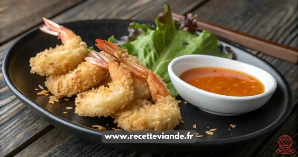 Beignets de crevette dorés croustillants servis sur assiette en céramique avec sauce aigre-douce, persil frais et quartiers de citron 🍤