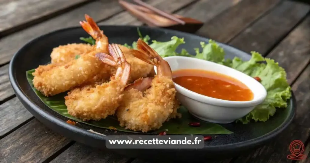 Beignets de crevette dorés croustillants servis sur assiette en céramique avec sauce aigre-douce, persil frais et quartiers de citron 🍤