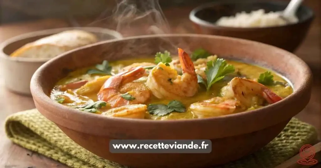 Crevette curry coco fumant dans un grand bol en terre cuite : 4 crevettes entières nageant dans une sauce crémeuse au curry et lait de coco, garnies de coriandre fraîche et citron vert, avec riz basmati et noix de coco en arrière-plan