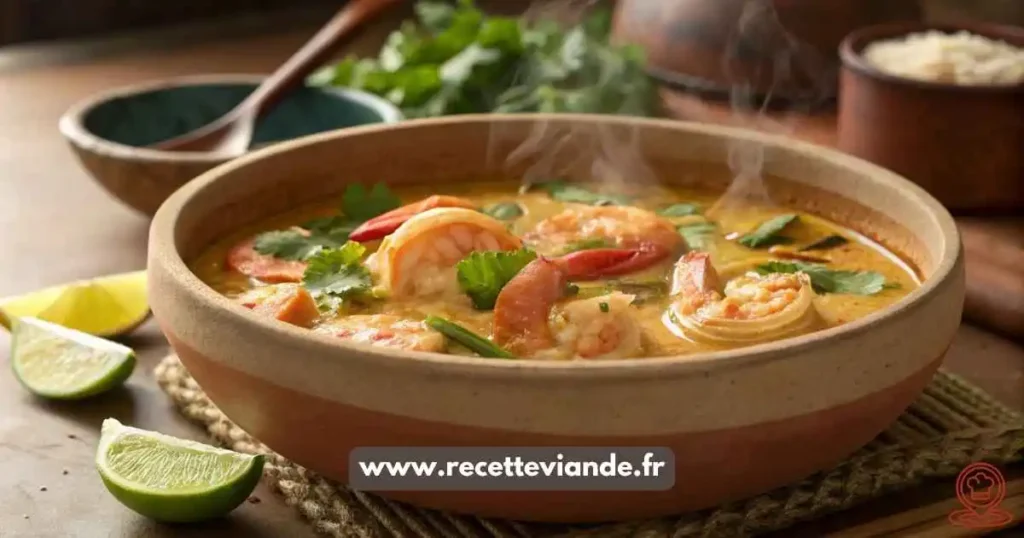 Crevette curry coco fumant dans un grand bol en terre cuite : 4 crevettes entières nageant dans une sauce crémeuse au curry et lait de coco, garnies de coriandre fraîche et citron vert, avec riz basmati et noix de coco en arrière-plan