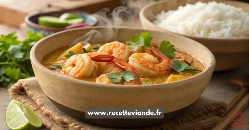 Crevette curry coco fumant dans un grand bol en terre cuite : 4 crevettes entières nageant dans une sauce crémeuse au curry et lait de coco, garnies de coriandre fraîche et citron vert, avec riz basmati et noix de coco en arrière-plan