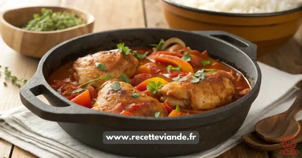 Poulet Basquaise authentique mijoté dans une cocotte en fonte : poulet tendre, sauce tomate-poivrons rouge vif, piment d'Espelette, persil frais. Service rustique avec riz basmati et baguette.
