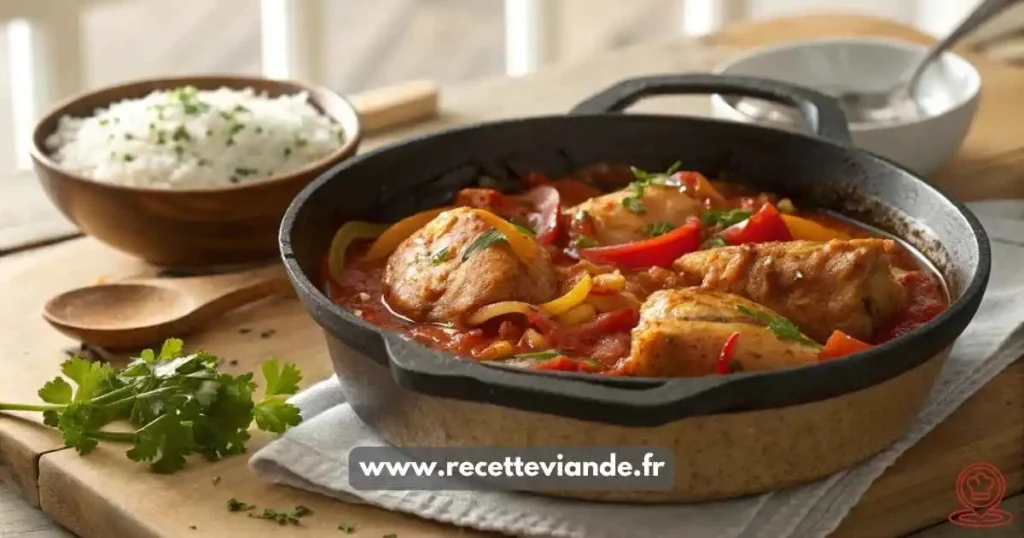 Poulet Basquaise authentique mijoté dans une cocotte en fonte : poulet tendre, sauce tomate-poivrons rouge vif, piment d'Espelette, persil frais. Service rustique avec riz basmati et baguette.