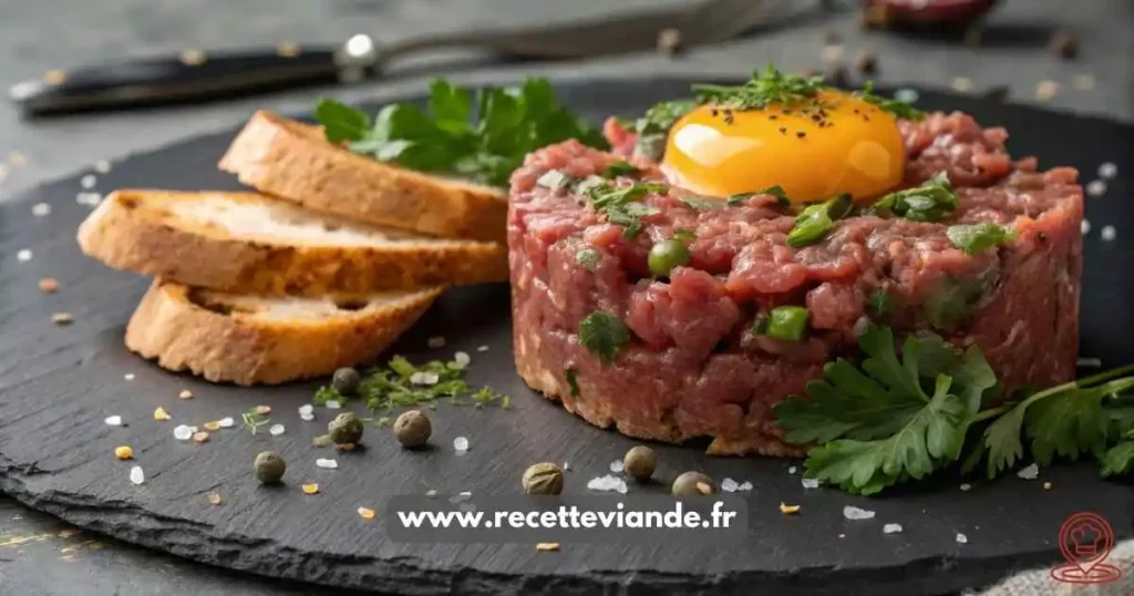 Dôme de tartare de boeuf sublime : viande hachée main, jaune d'œuf crémeux, câpres et cornichons sur pain de seigle, décoré de persil et fleur de sel.