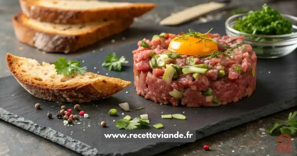 Dôme de tartare de boeuf sublime : viande hachée main, jaune d'œuf crémeux, câpres et cornichons sur pain de seigle, décoré de persil et fleur de sel.