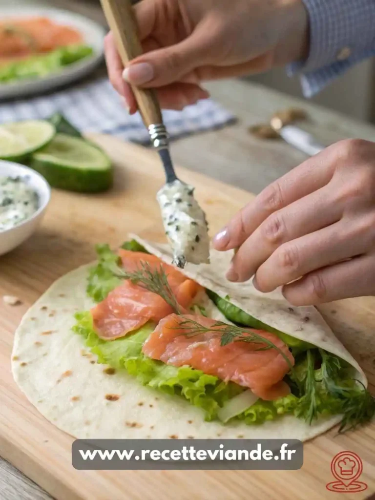 Wrap au saumon fumé coupé en diagonale révélant des couches de saumon rose, concombre croquant, laitue fraîche et sauce crémeuse à l'aneth.