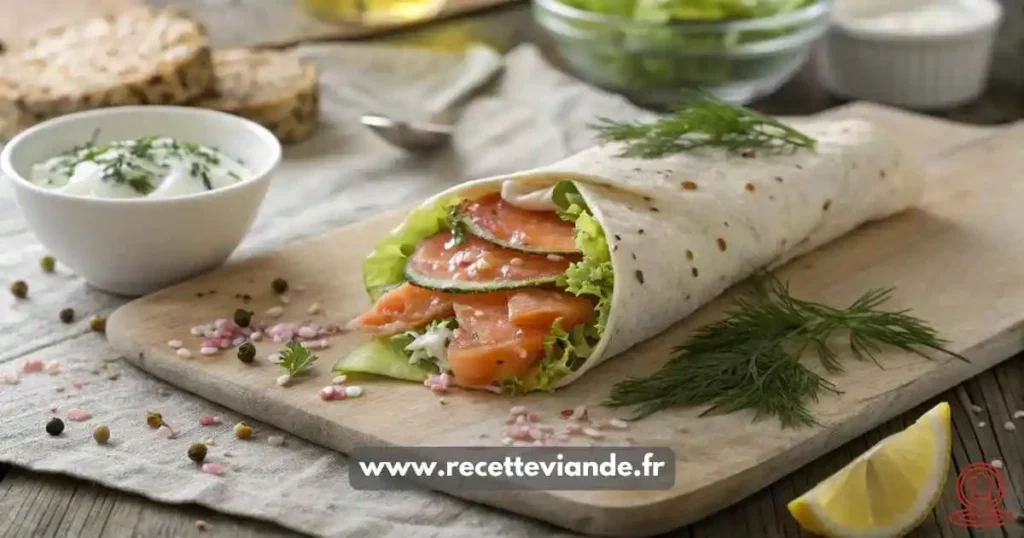 Wrap au saumon fumé coupé en diagonale révélant des couches de saumon rose, concombre croquant, laitue fraîche et sauce crémeuse à l'aneth.