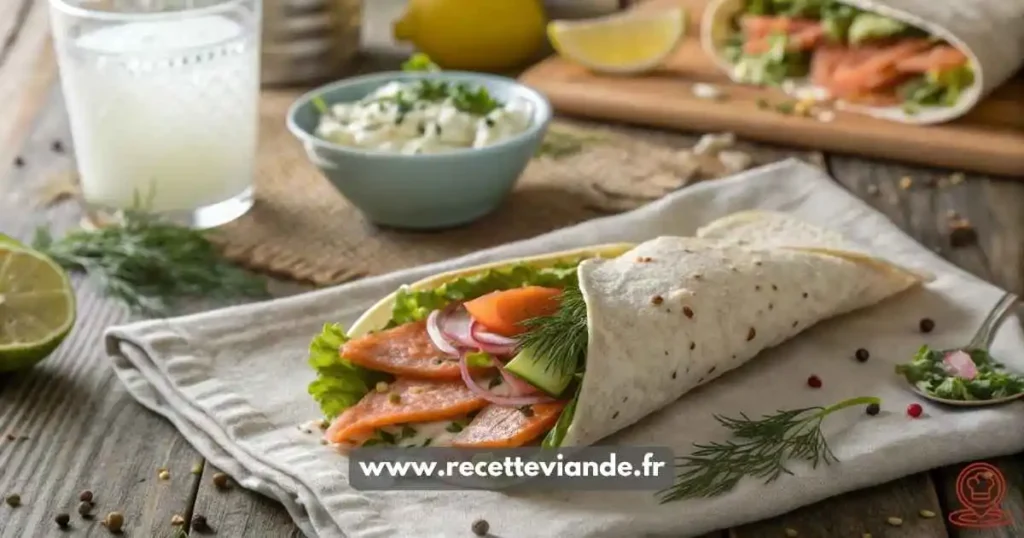 Wrap au saumon fumé coupé en diagonale révélant des couches de saumon rose, concombre croquant, laitue fraîche et sauce crémeuse à l'aneth.